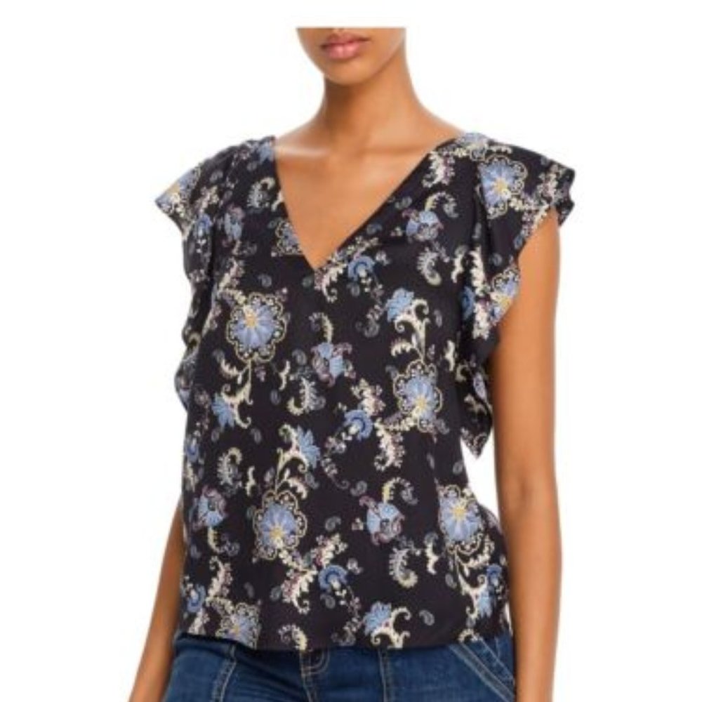 REBECCA TAYLOR Ruffle Sleeveless Paisley Silk Blend Top In Black Combo,  Large